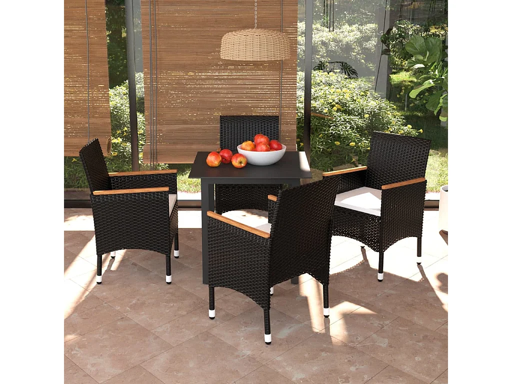 5 peças conjunto de jantar p/ jardim c/ almofadões vime PE preto