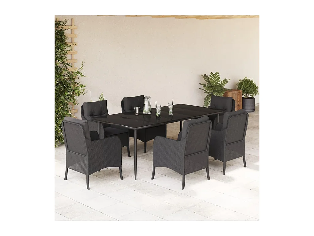 Ensemble à manger de jardin coussins 7 pièces Noir Résine tressée