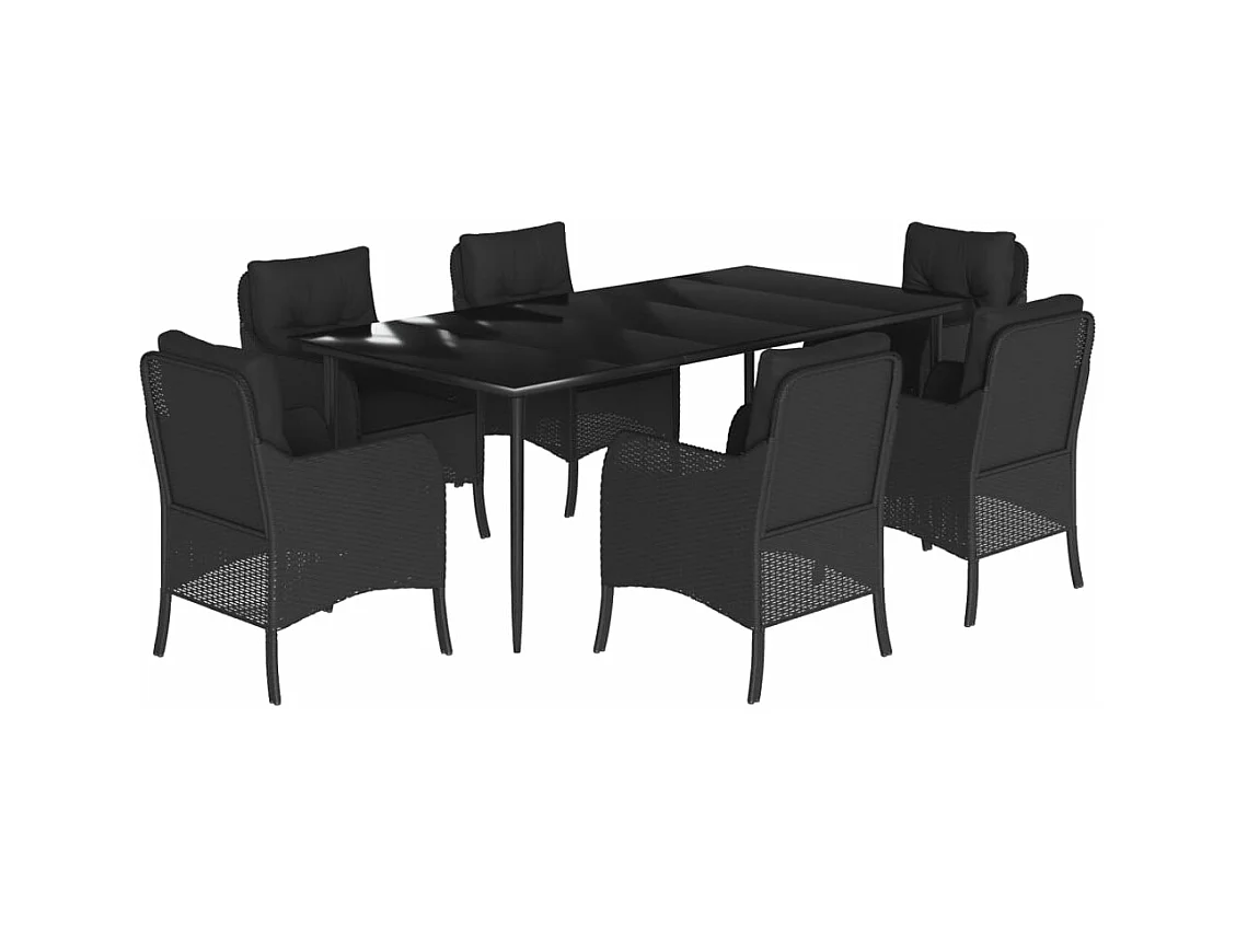 Ensemble à manger de jardin coussins 7 pièces Noir Résine tressée