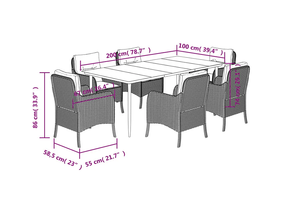 Ensemble à manger de jardin coussins 7 pièces Noir Résine tressée