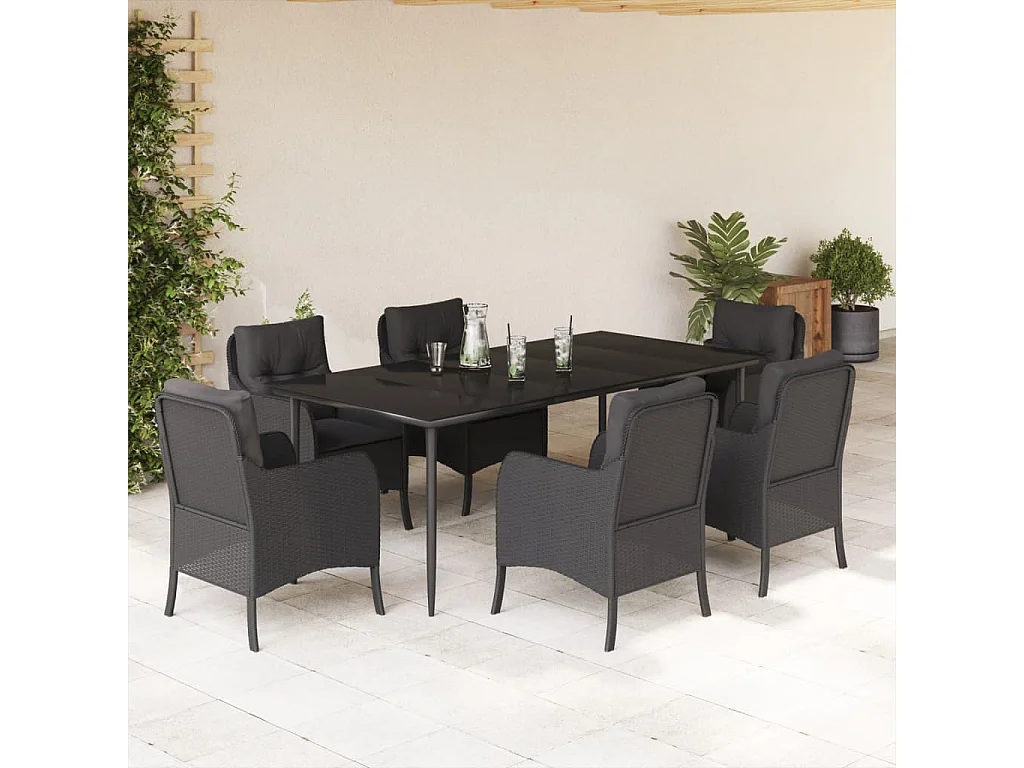 Set de comedor de jardín 7 piezas y cojines ratán sintético negro