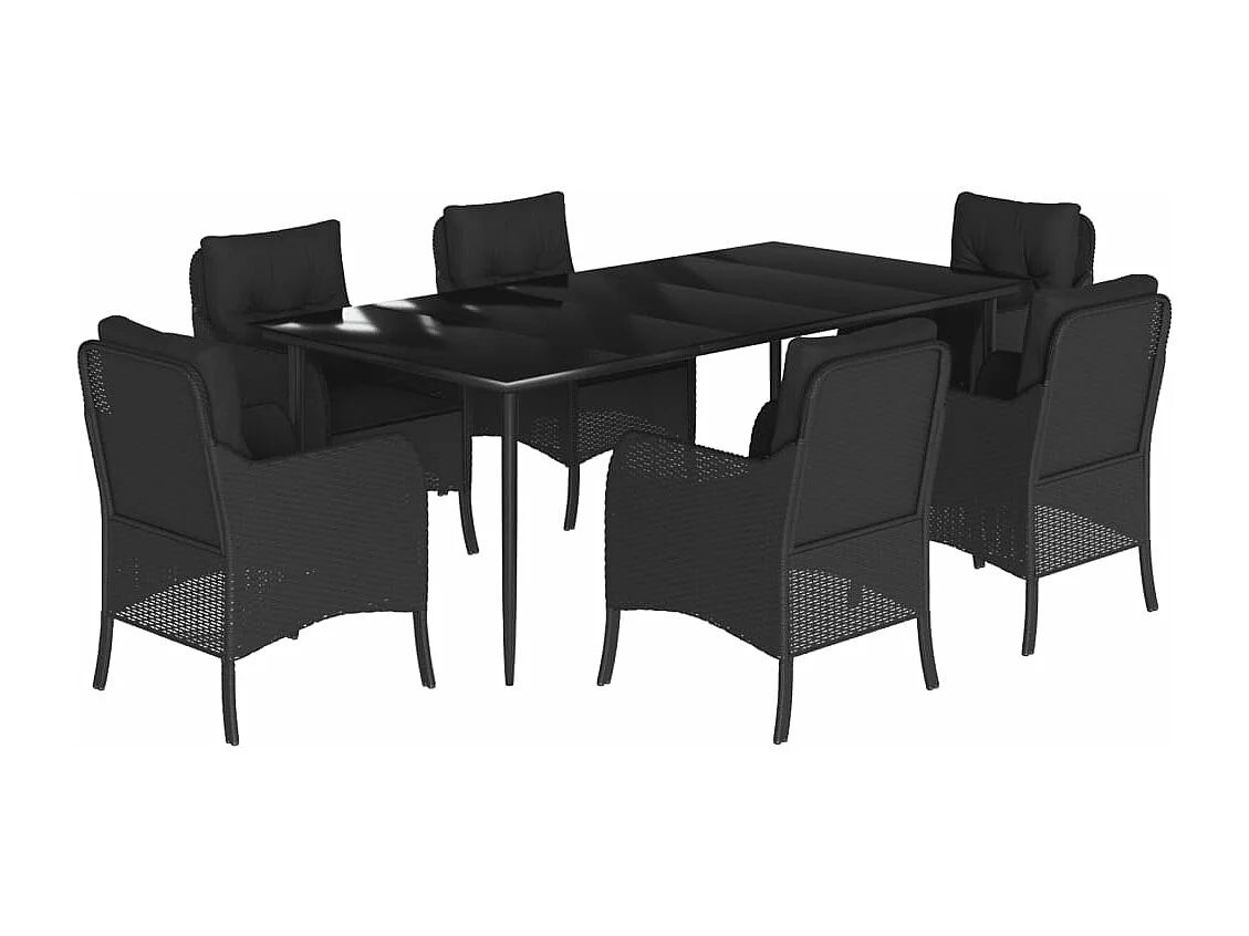 Set de comedor de jardín 7 piezas y cojines ratán sintético negro