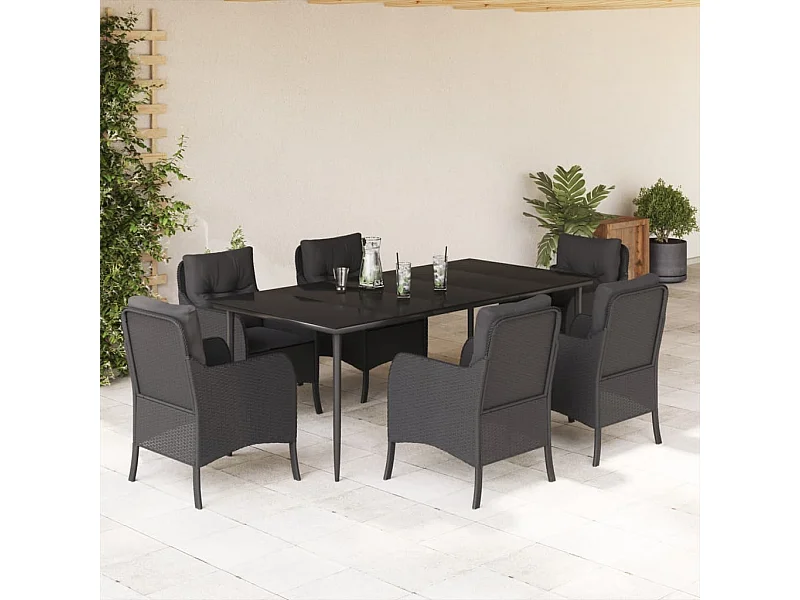 Set de comedor de jardín 7 piezas y cojines ratán sintético negro