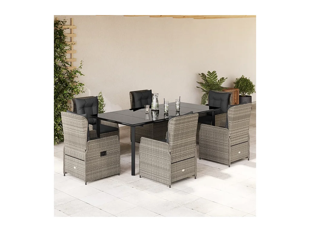 Ensemble à manger de jardin et coussins 7 pièces gris clair rotin