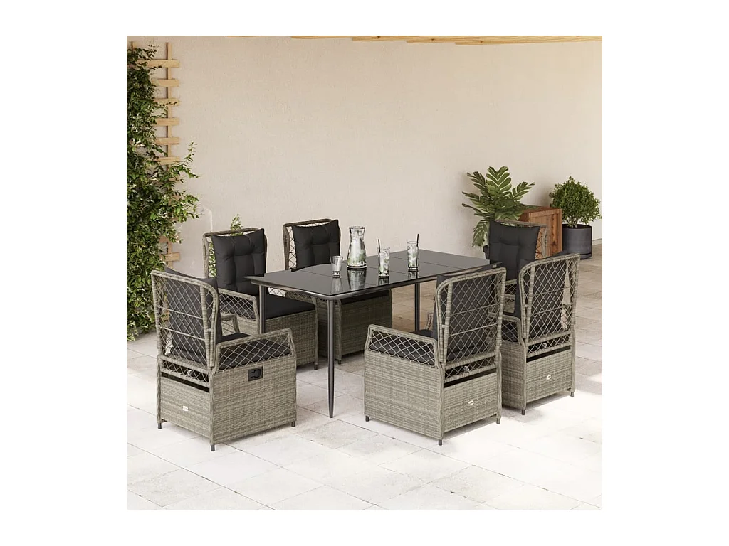 Ensemble à manger de jardin et coussins 7 pièces gris clair rotin