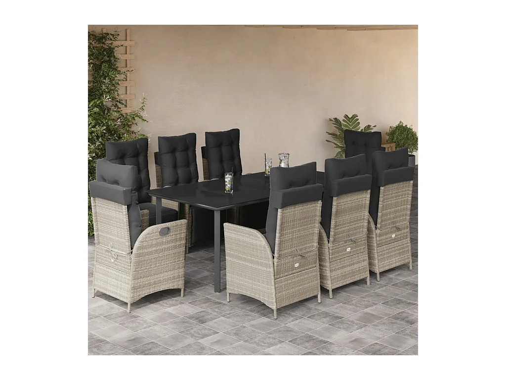 9-delige Tuinset met kussens poly rattan lichtgrijs