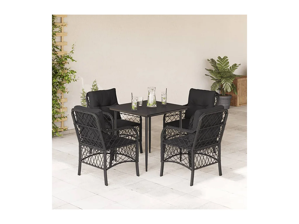 Ensemble à manger de jardin coussins 5 pièces Noir Résine tressée