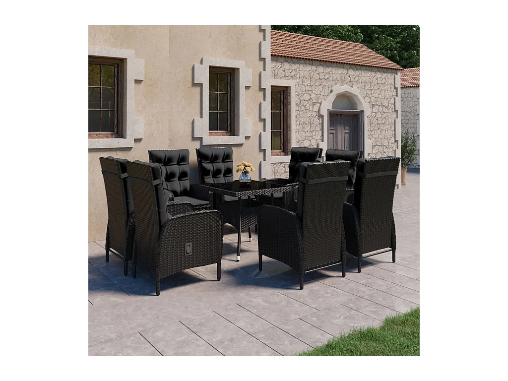 Ensemble à dîner de jardin 9 pièces Résine tressée et verre Noir