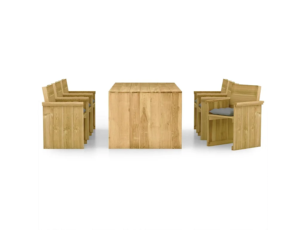 7 peças conj. de jantar p/ jardim c/ almofadões pinho impregnado