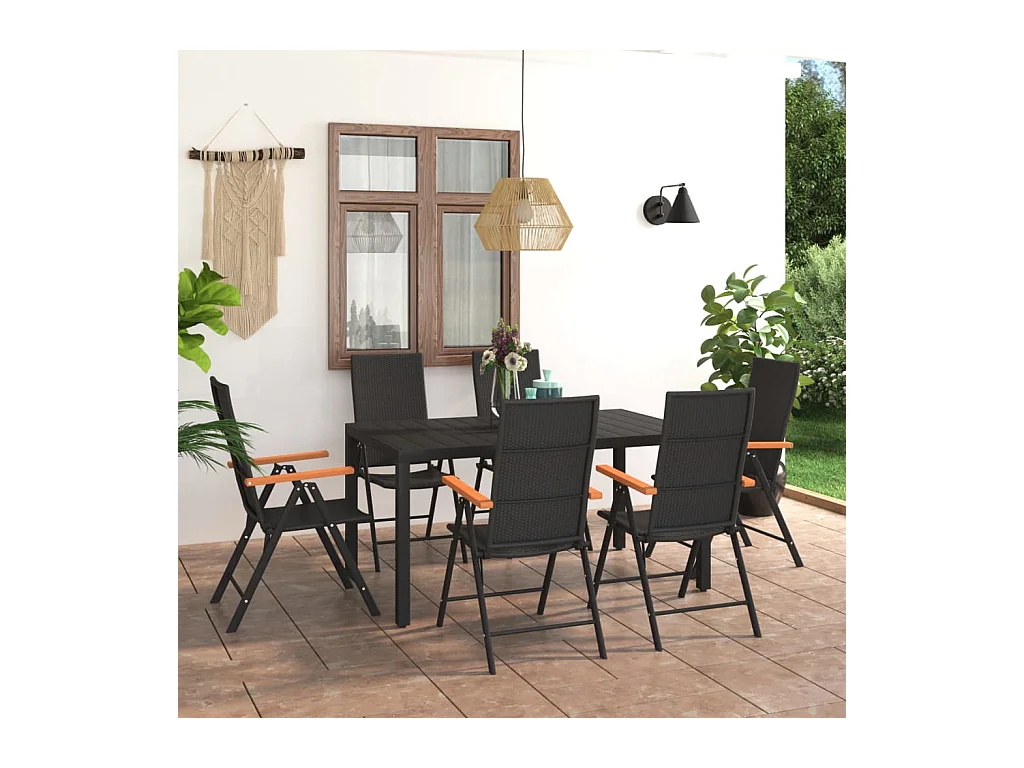 Ensemble de salle à manger de jardin 7 pièces Noir et marron