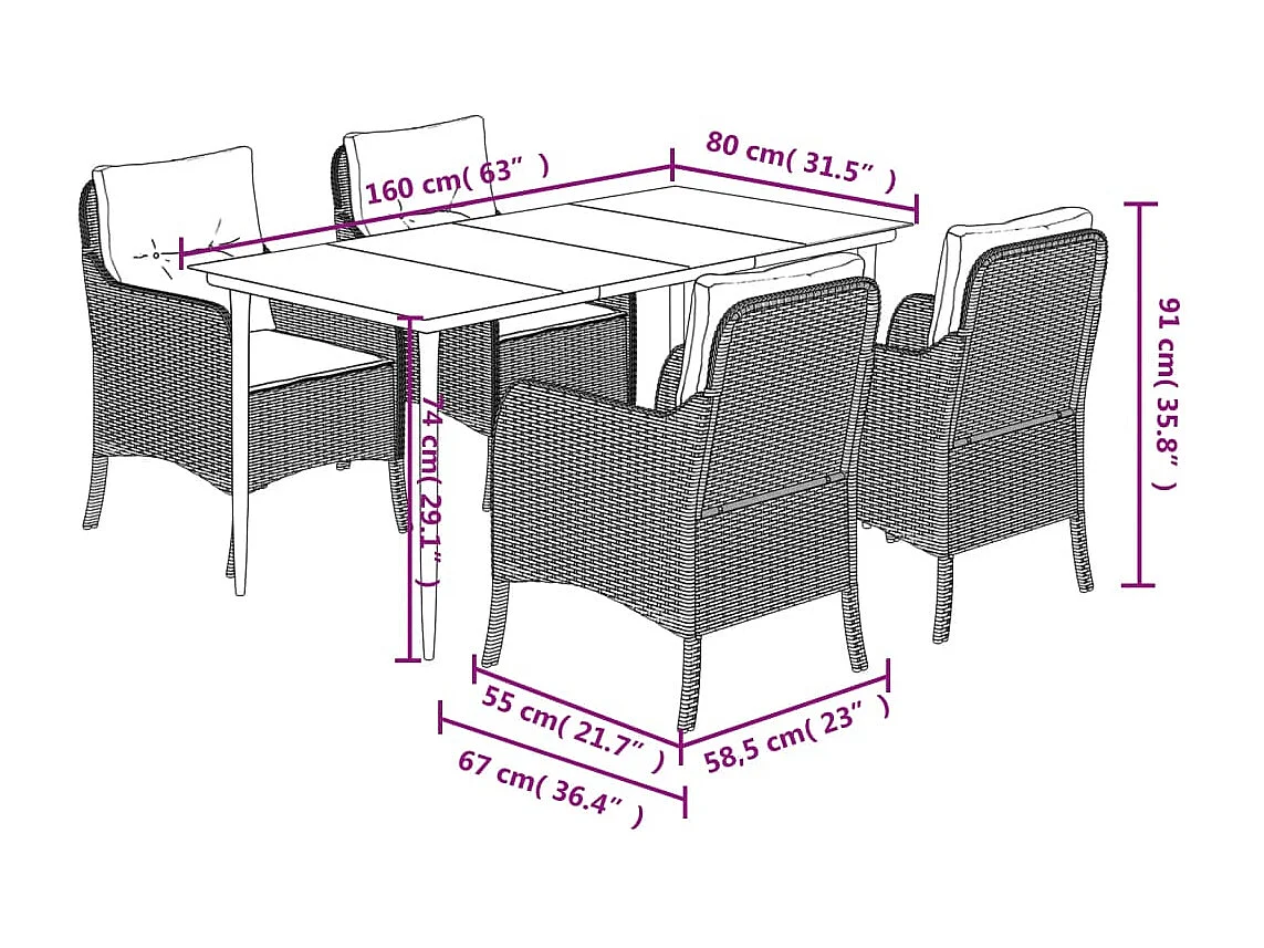 5 peças conjunto de jantar p/ jardim c/ almofadões cinzento claro