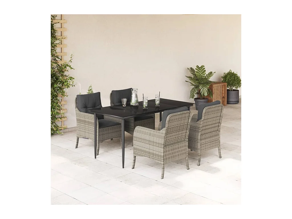 Ensemble à manger de jardin et coussins 5 pièces gris clair rotin