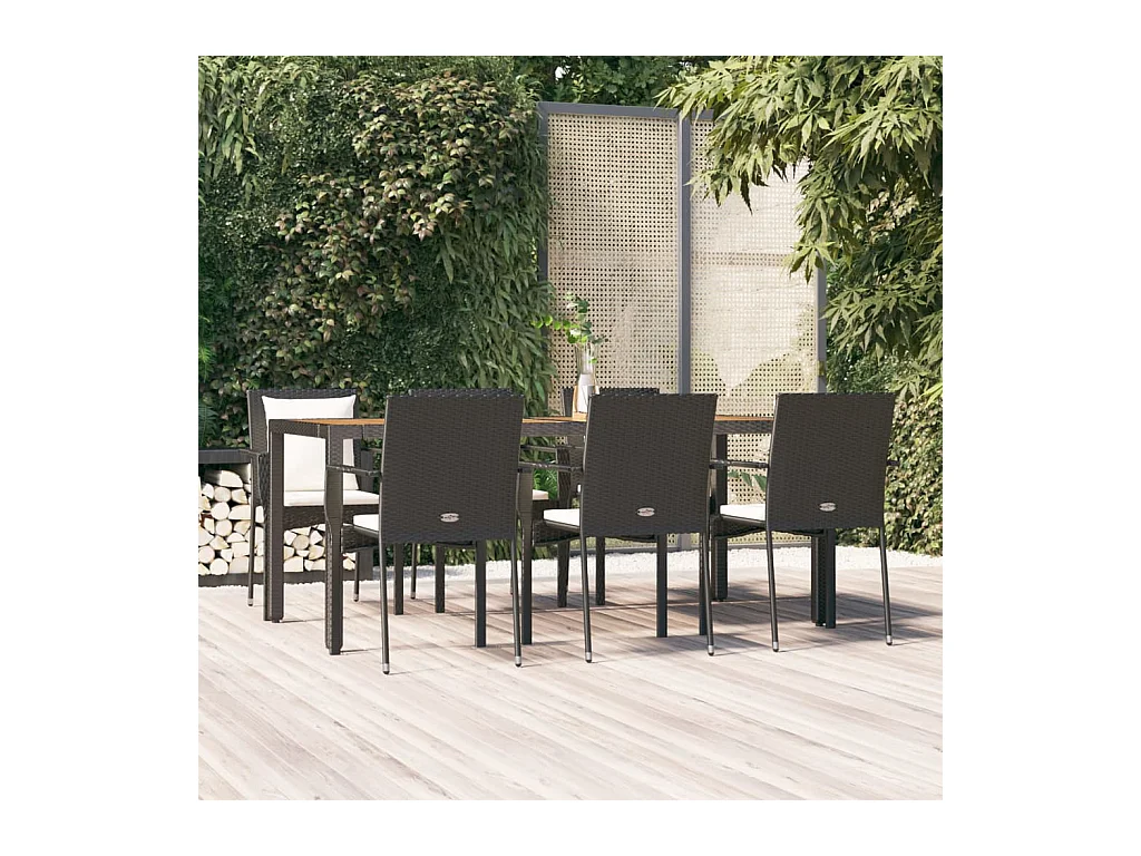 Set de comedor de jardín 7 piezas y cojines ratán sintético negro