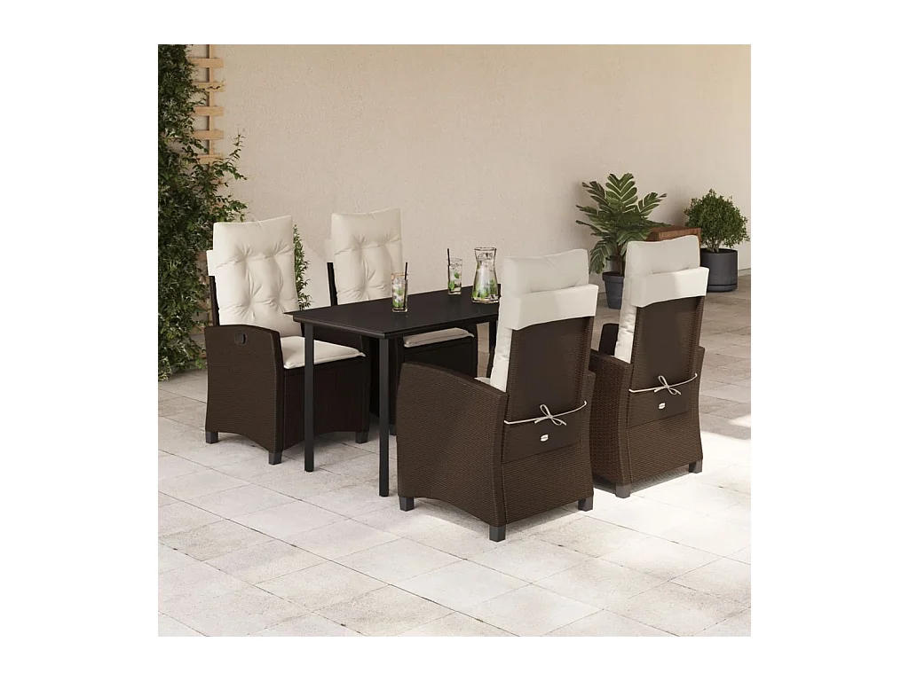 Ensemble à manger de jardin 5 pièces et coussins marron poly rotin