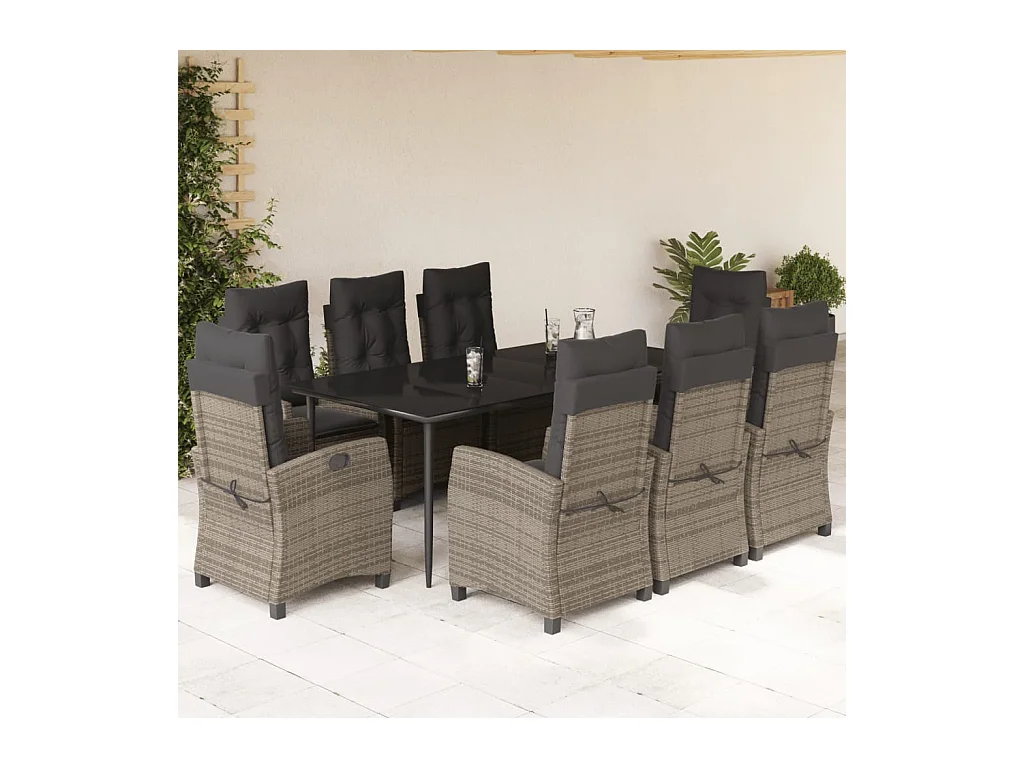 9 peças conjunto de jantar p/ jardim c/ almofadões vime PE cinza