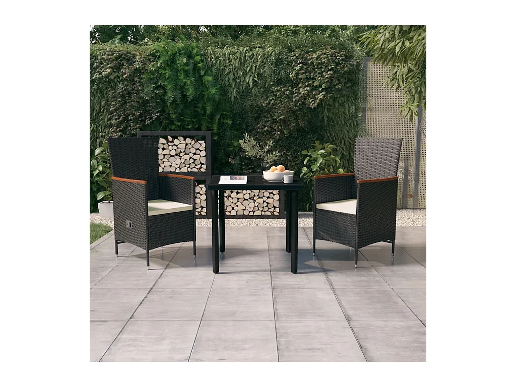 Mobilier de salle à manger de jardin avec coussins 3 pièces Noir