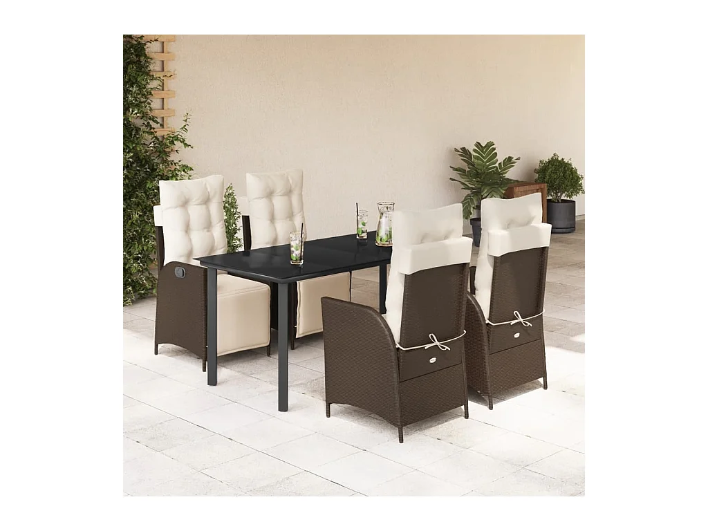 Ensemble à manger de jardin 5 pièces et coussins marron poly rotin