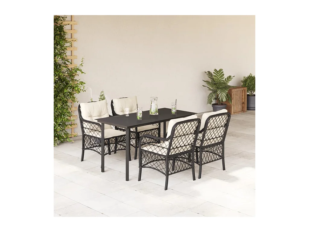 Ensemble à manger de jardin coussins 5 pièces Noir Résine tressée
