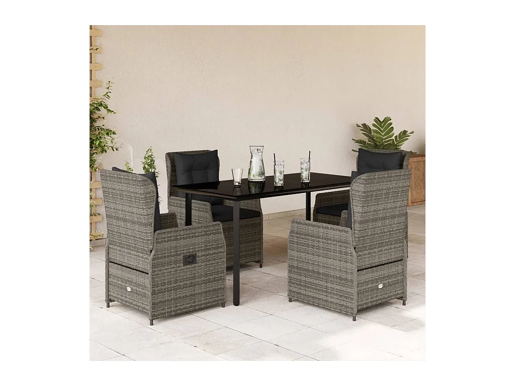 Ensemble à manger de jardin 5 pièces coussins gris résine tressée