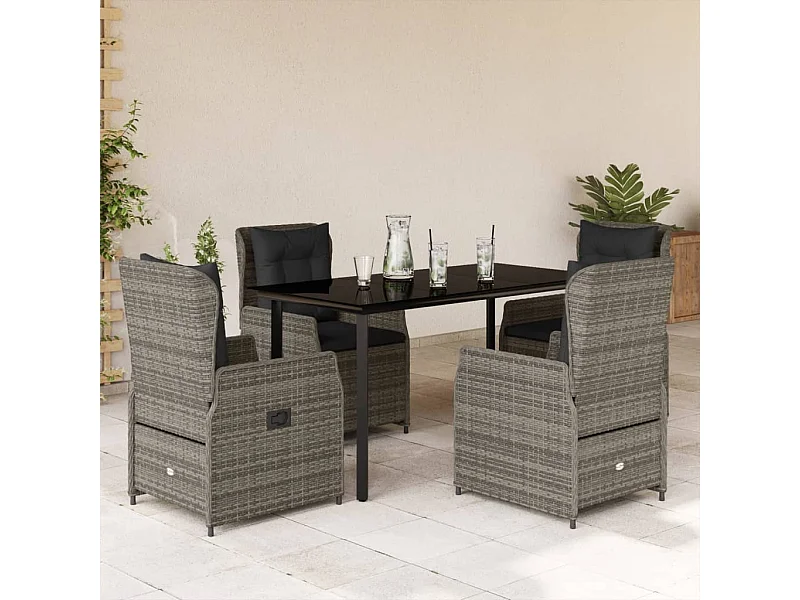 Ensemble à manger de jardin 5 pièces coussins gris résine tressée