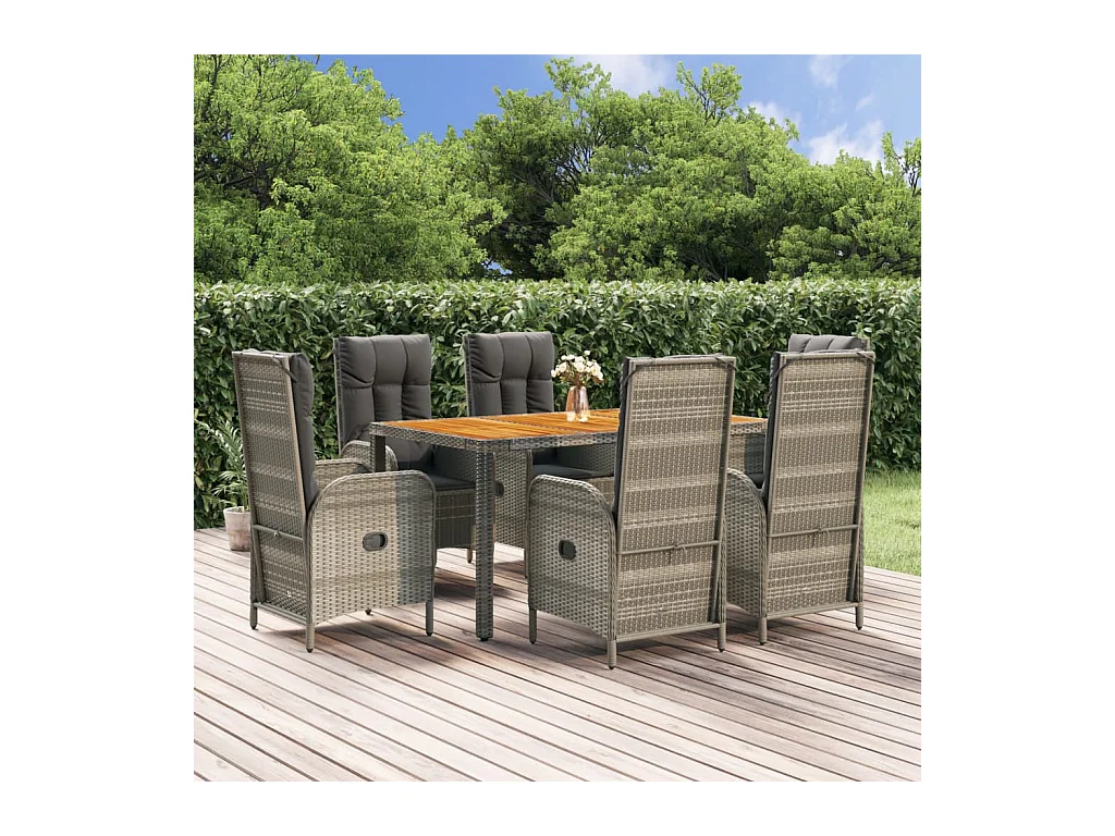 Mobilier à dîner de jardin et coussins 7 pièces gris rotin