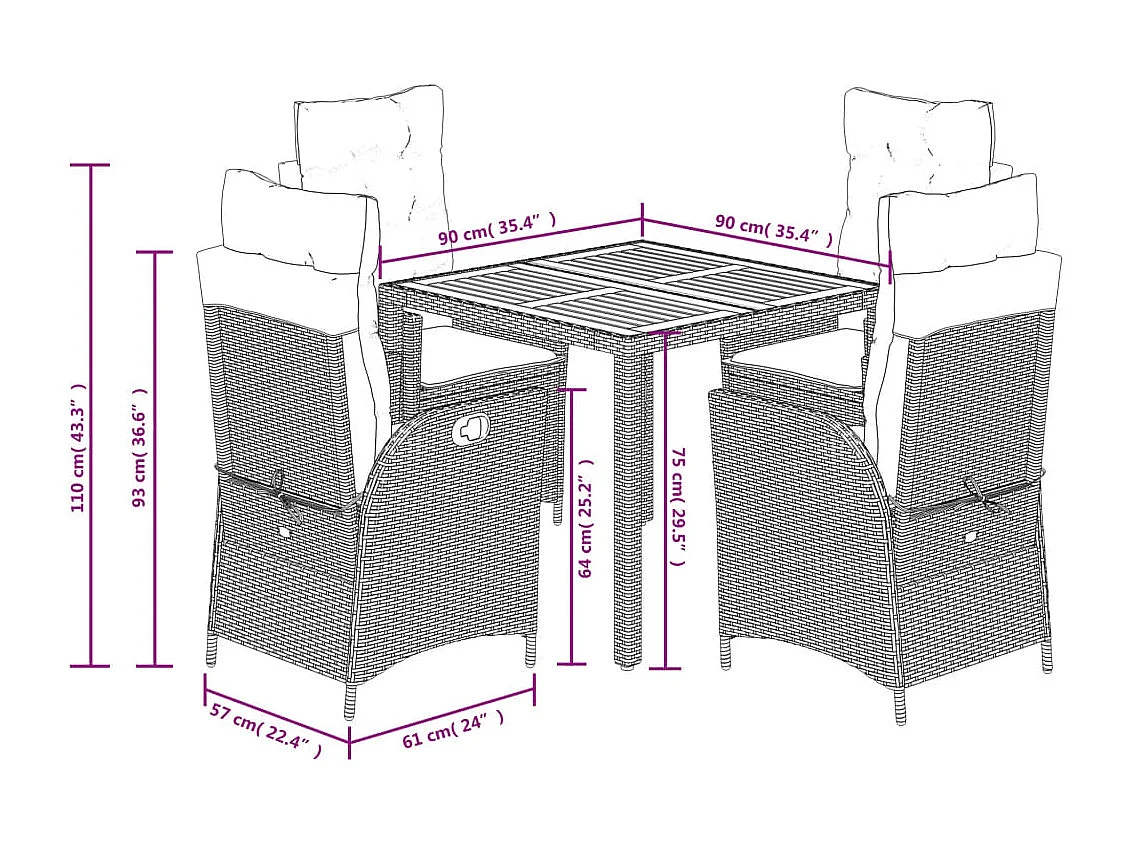 5 peças conjunto de jantar p/ jardim c/ almofadões vime PE cinza