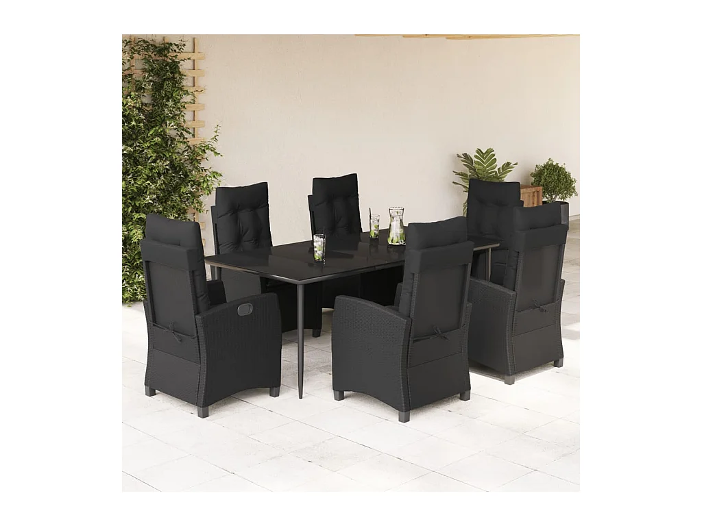 Ensemble à manger de jardin coussins 7 pièces Noir Résine tressée