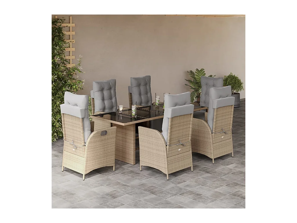 Ensemble à manger de jardin coussins 7 pièces mélange beige rotin