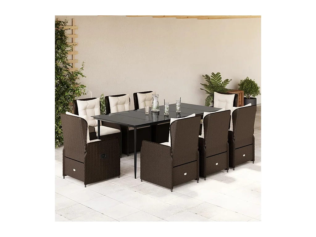 Ensemble à manger de jardin et coussins 9 pièces marron poly rotin