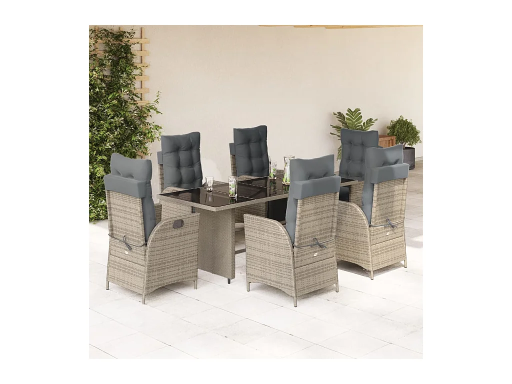 Set comedor jardín 7 piezas y cojines ratán sintético gris