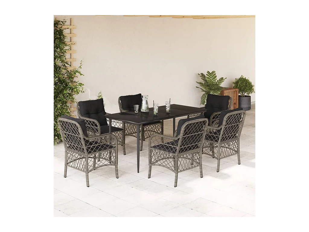 Ensemble à manger de jardin et coussins 7 pièces gris rotin