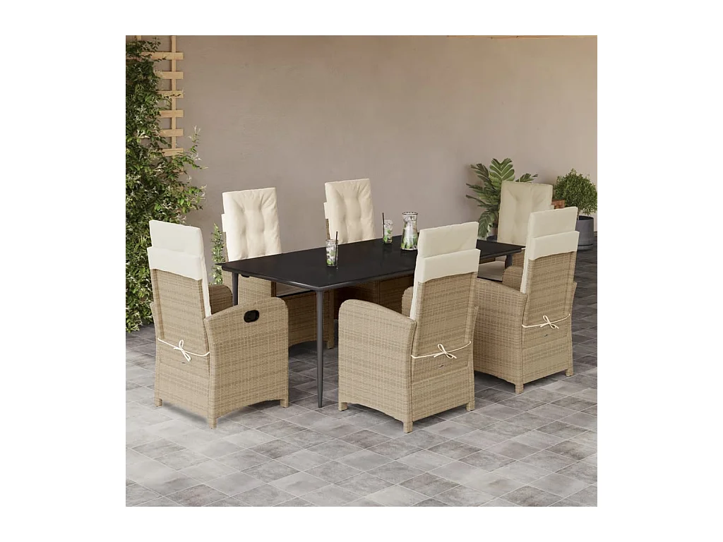 7 peças conjunto de jantar p/ jardim com almofadões vime PE bege