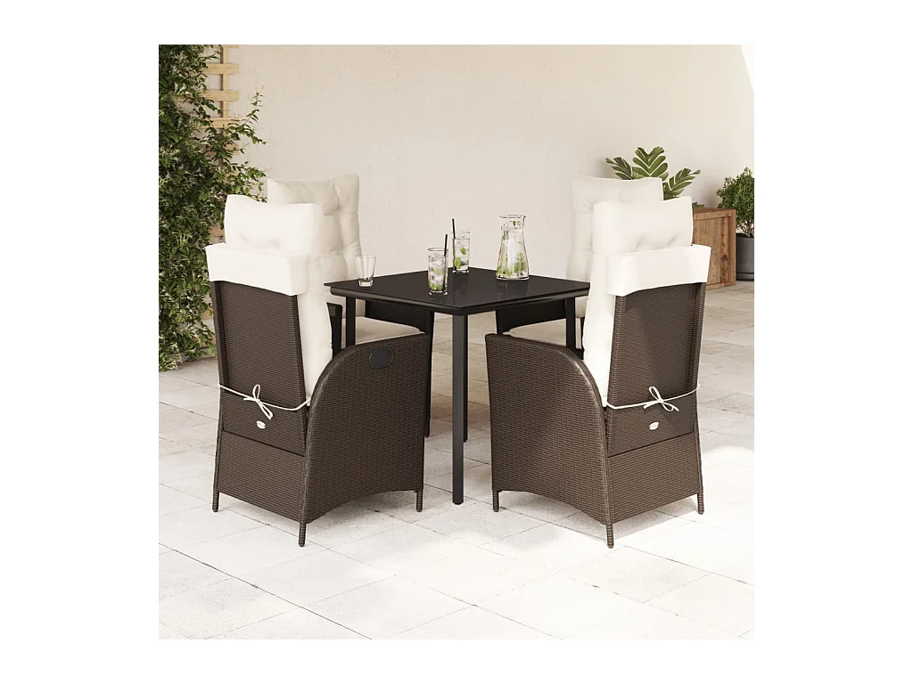 Ensemble à manger de jardin 5 pièces et coussins marron poly rotin