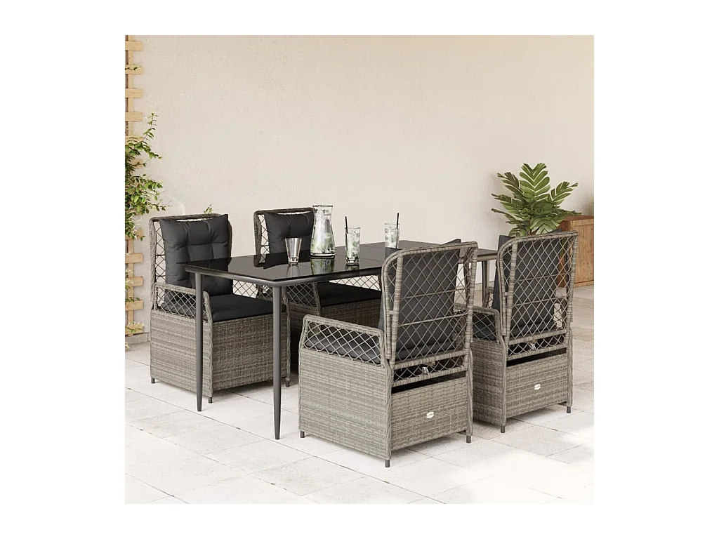 Ensemble à manger de jardin et coussins 5 pièces gris clair rotin