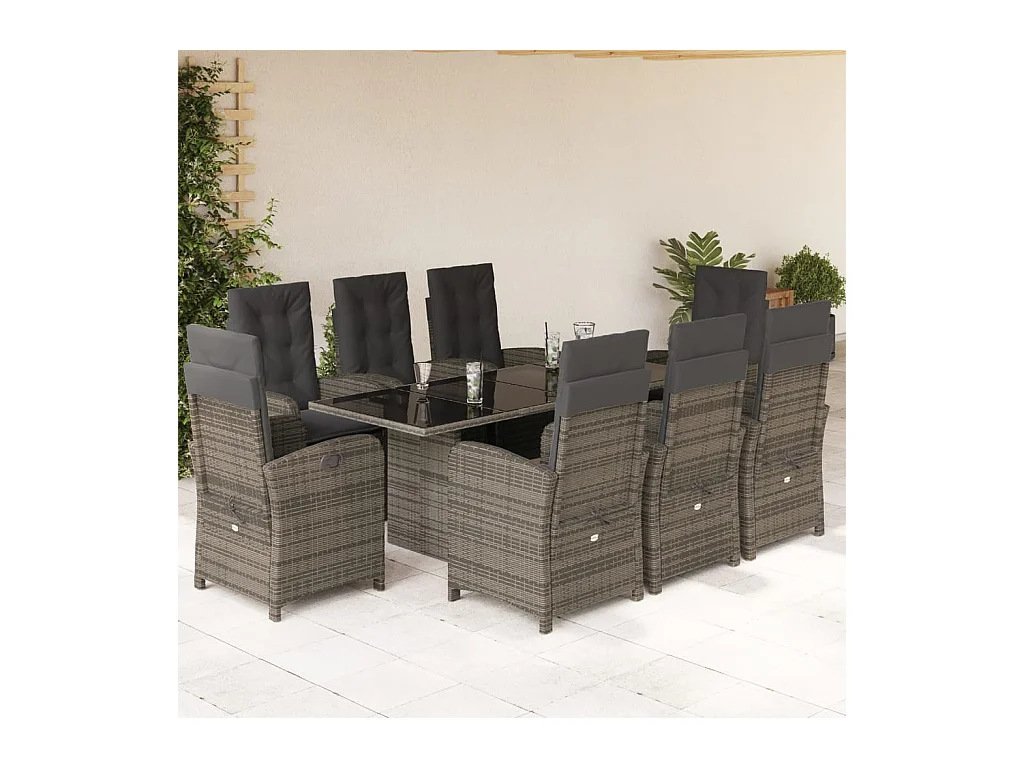 Ensemble à manger de jardin 9 pièces coussins gris résine tressée