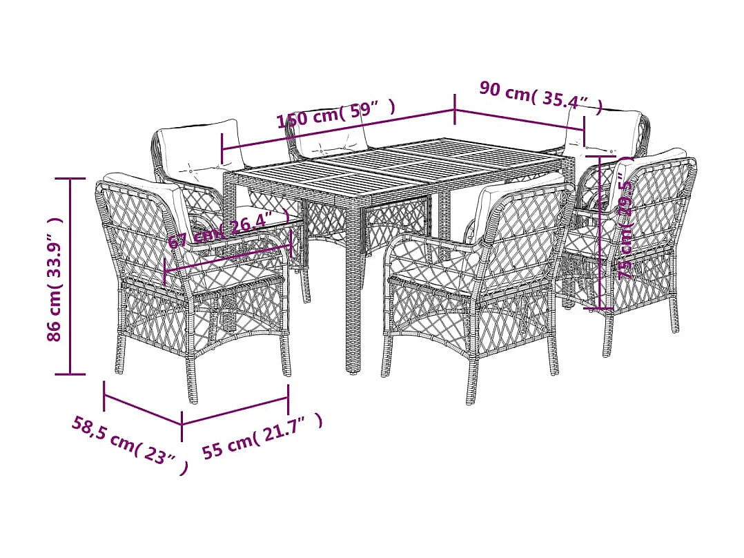 Ensemble à manger de jardin coussins 7 pièces Noir Résine tressée