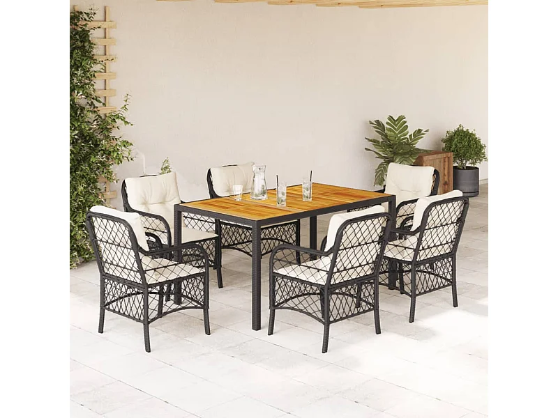 Set de comedor de jardín 7 piezas y cojines ratán sintético negro