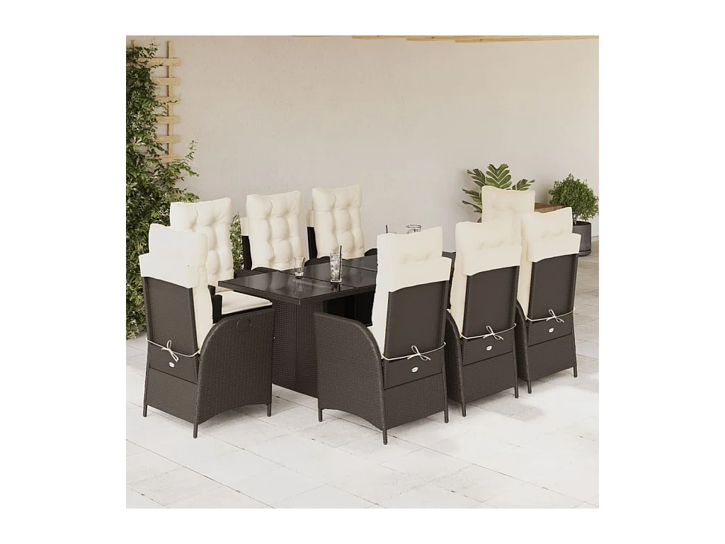 Ensemble à manger de jardin et coussins 9 pièces marron poly rotin