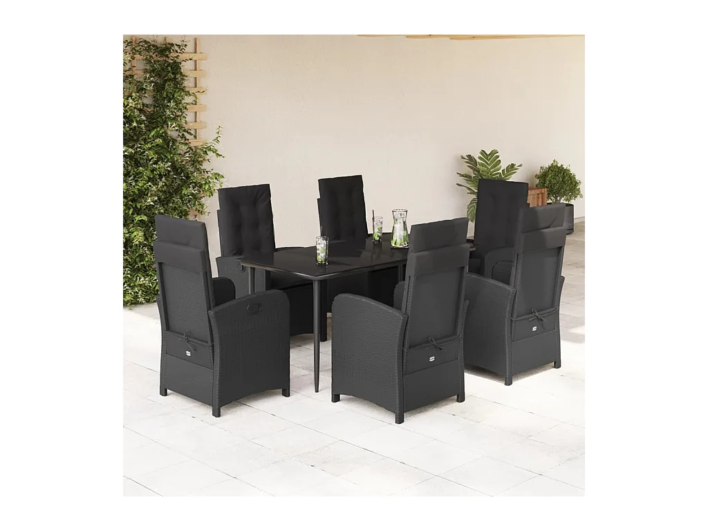 Ensemble à manger de jardin coussins 7 pièces Noir Résine tressée