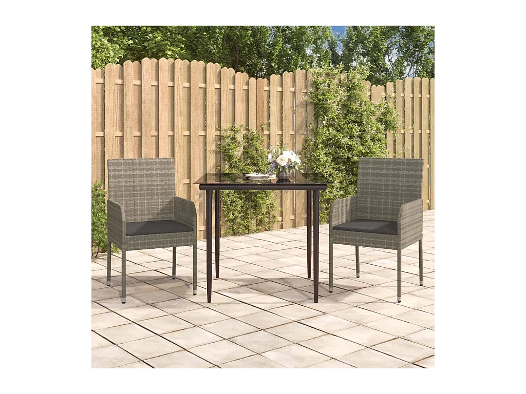 Mobilier à dîner de jardin 3 pièces avec coussins noir et gris