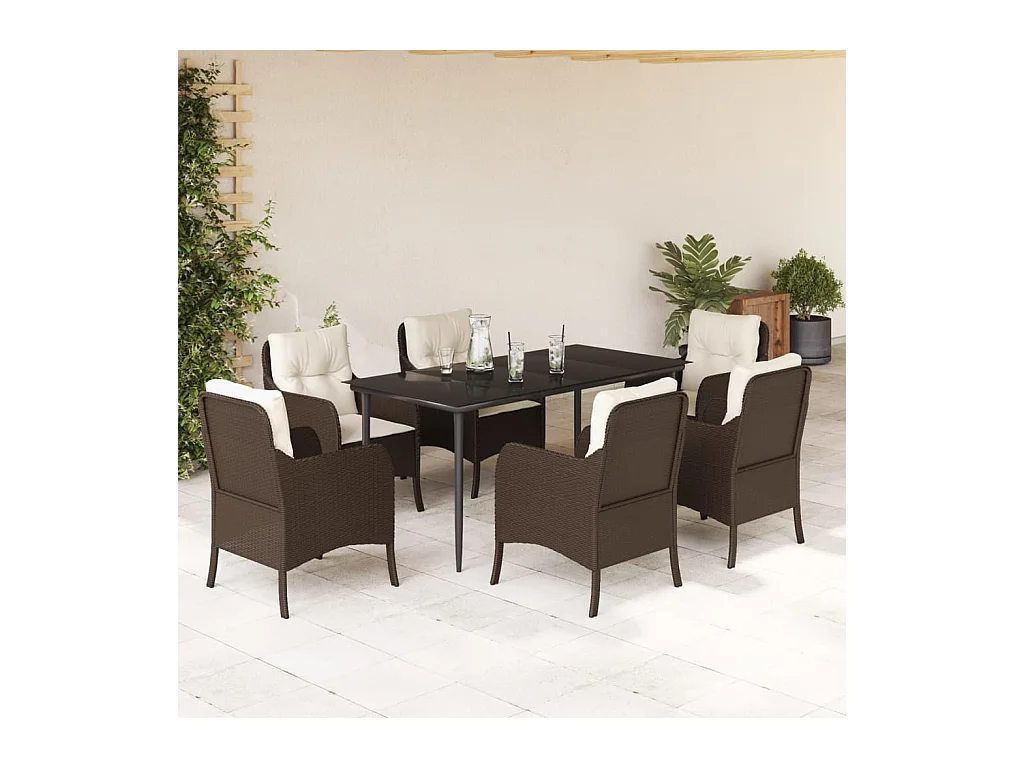 Ensemble à manger de jardin et coussins 7 pièces marron rotin