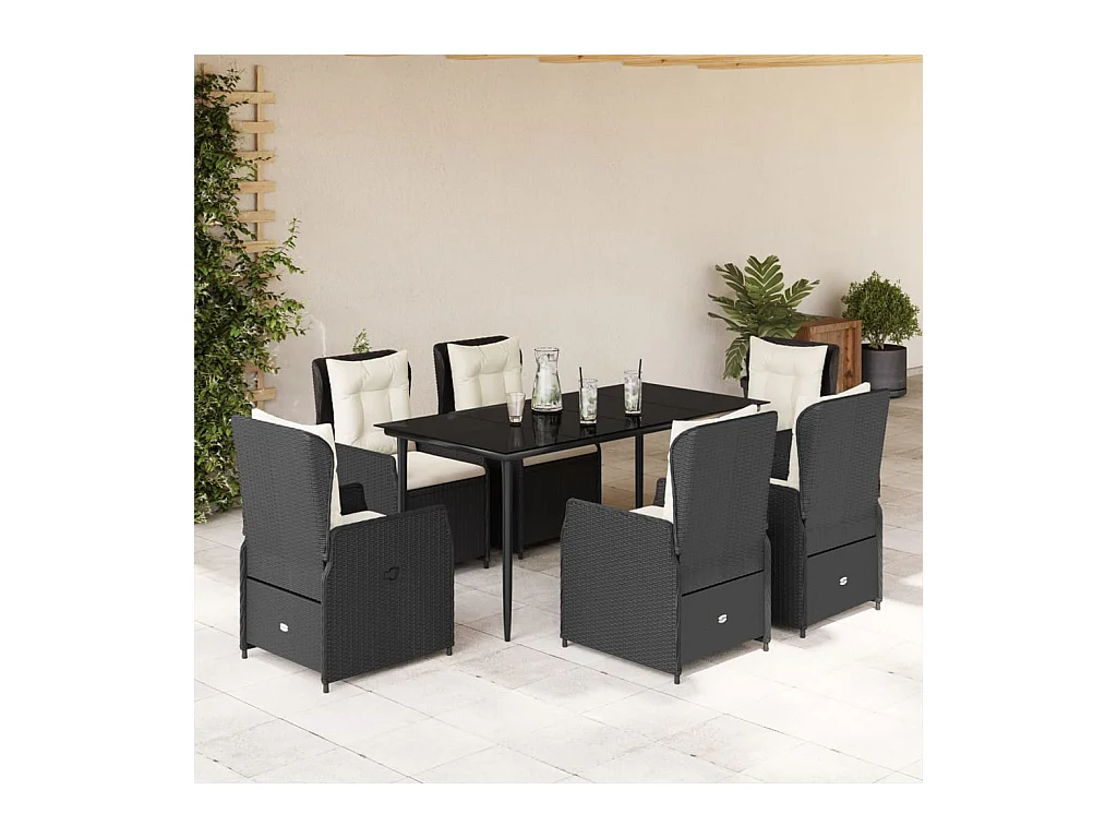 Ensemble à manger de jardin coussins 7 pièces Noir Résine tressée