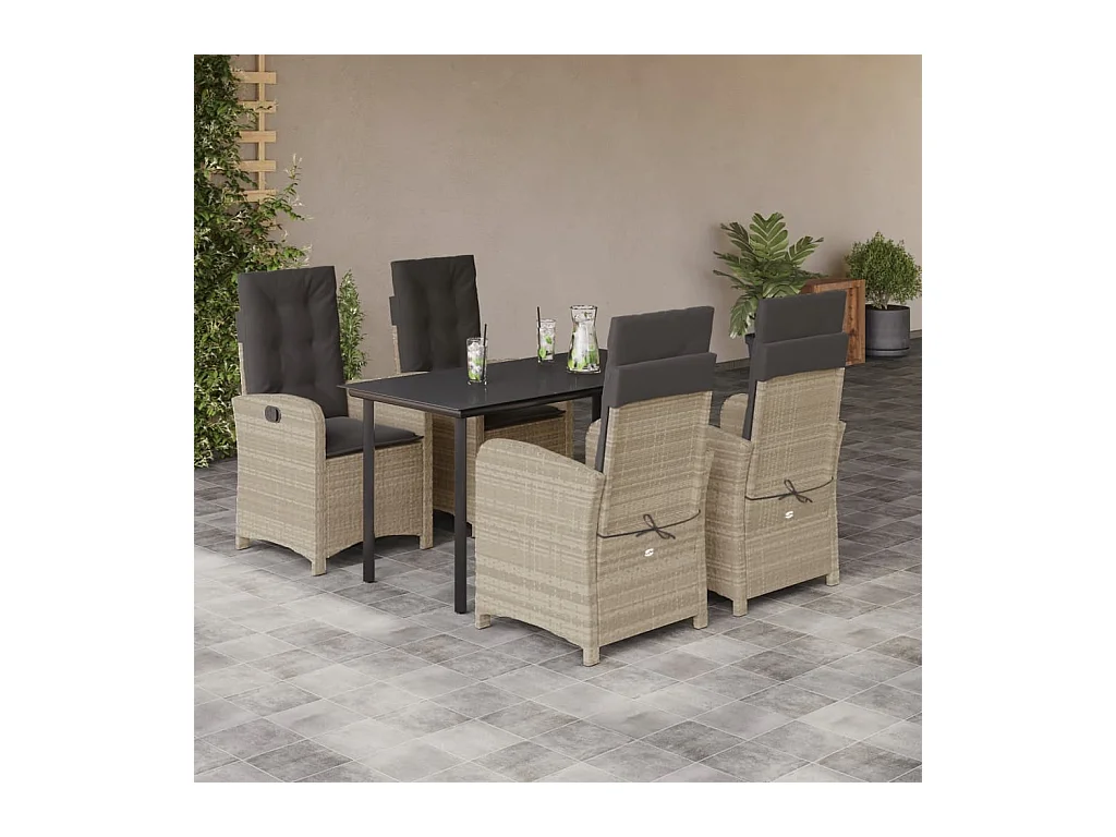 Ensemble à manger de jardin et coussins 5 pièces gris clair rotin