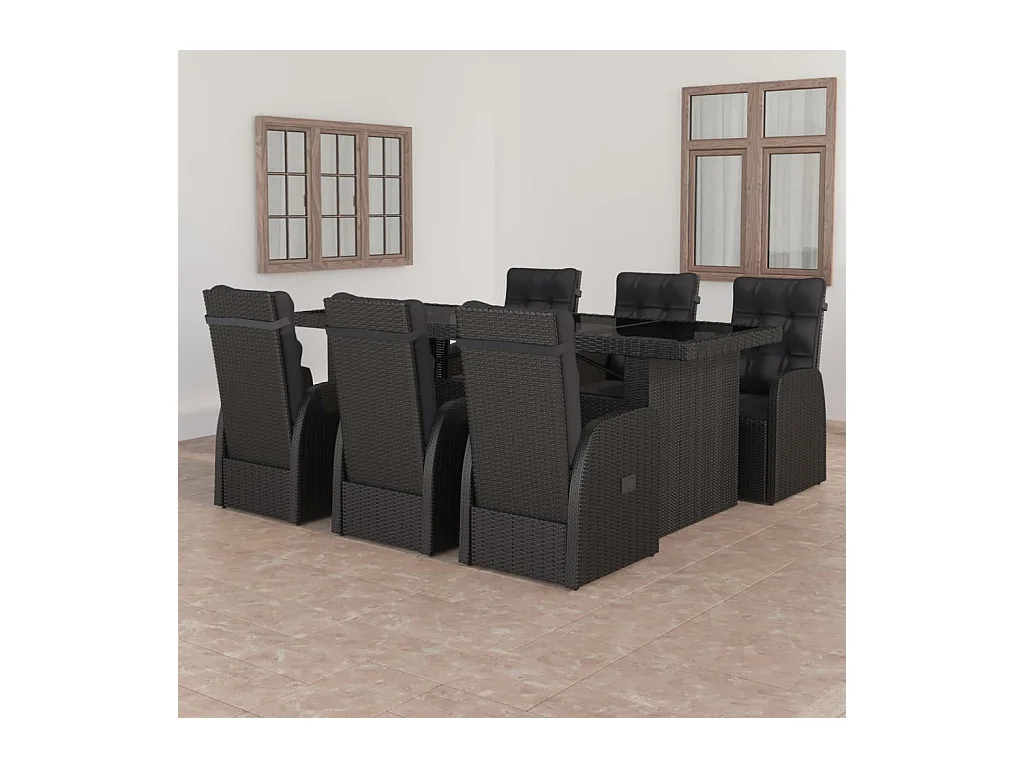 Mobilier à dîner jardin 7 pièces avec coussins Résine tressée Noir