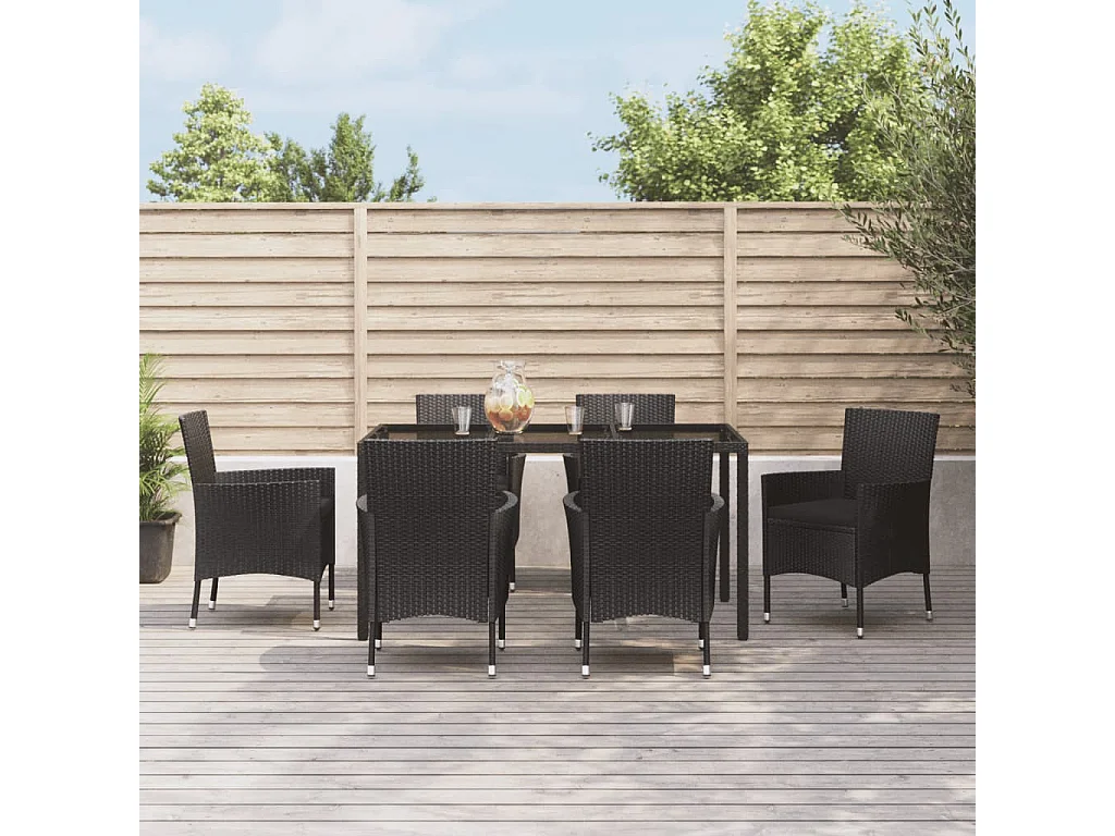 Set de comedor de jardín 7 piezas y cojines ratán sintético negro