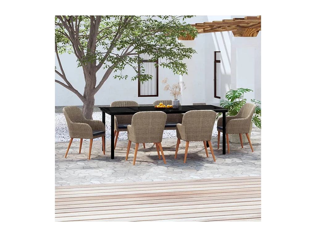 Mobilier de salle à manger de jardin et coussins 7 pièces Marron