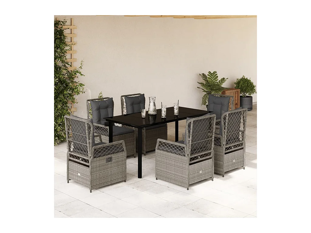 Ensemble à manger de jardin et coussins 7 pièces gris clair rotin