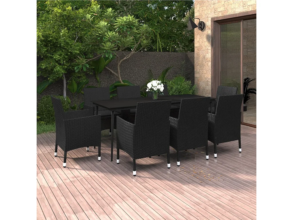 Ensemble à dîner de jardin coussins 9 pièces Résine tressée Verre