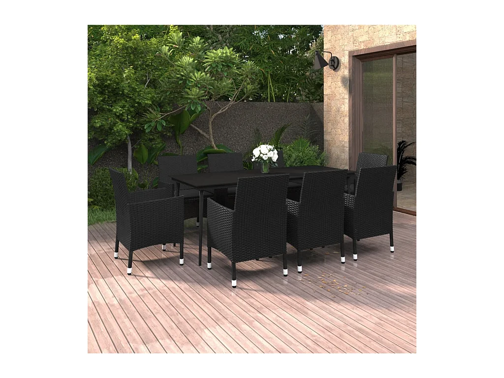 Ensemble à dîner de jardin coussins 9 pièces Résine tressée Verre
