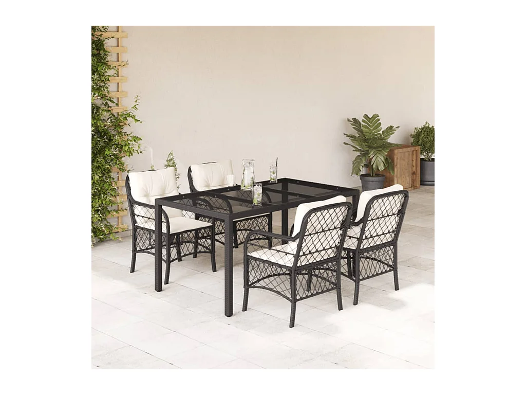 5-delige Tuinset met kussens poly rattan zwart